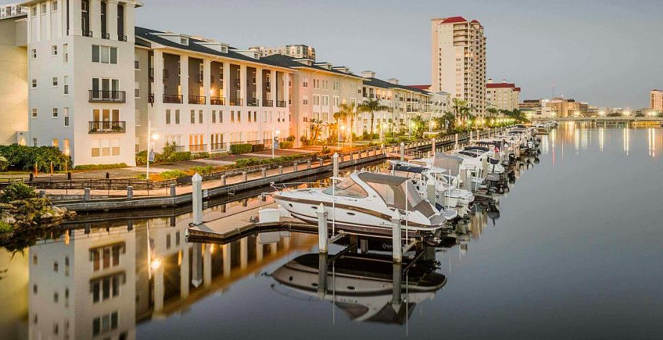 Crimson Harbour Marina at dusk — boats docked on Garrison Channel downtown Tampa FL